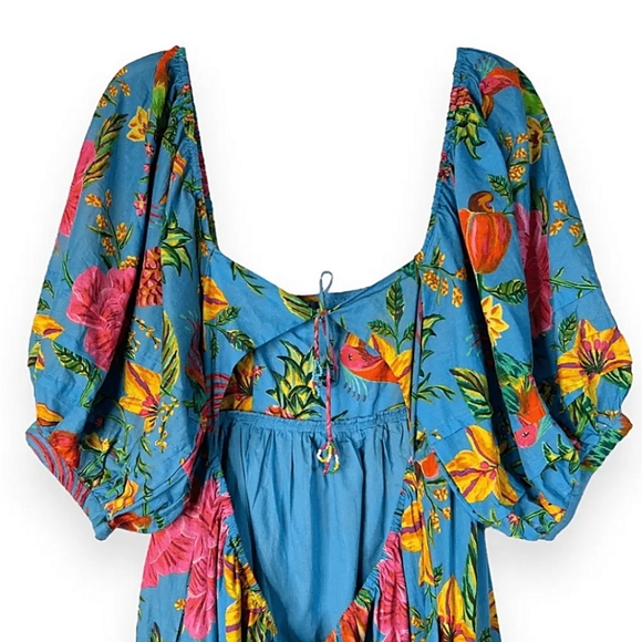 FARM RIO TOUCANS GARDEN MIDI DRESS IN BLUE Womens Small - Picture 7 of 9